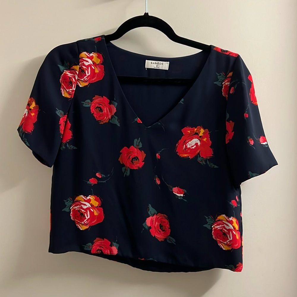 Babaton - Blue red floral blouse top - Size XS